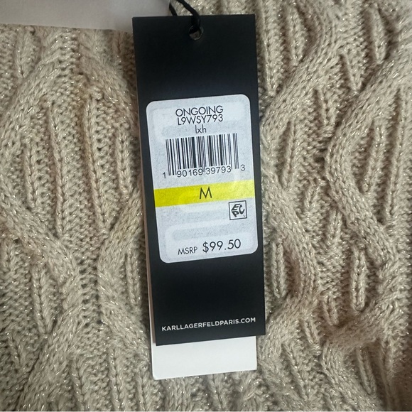 Karl Lagerfeld Paris Beige Shimmer Cable Knit Sweater with Faux Pearls Size M - Picture 11 of 12